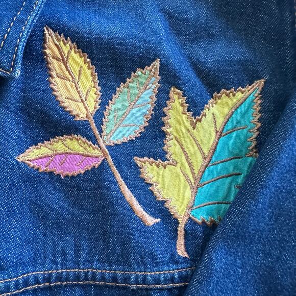 90s Y2K Denim Jacket Silver Threads Embroidered Leaf Jean Coat Women’s L Fall - Picture 13 of 15